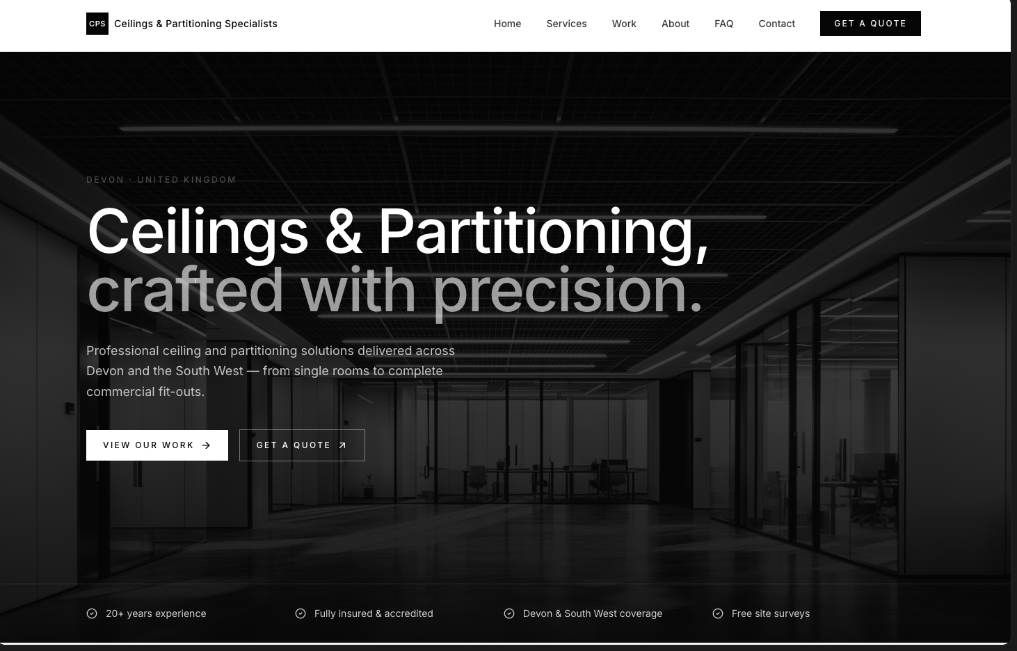 Ceilings & Partitioning Specialists — Bold, commercial-grade contractor website