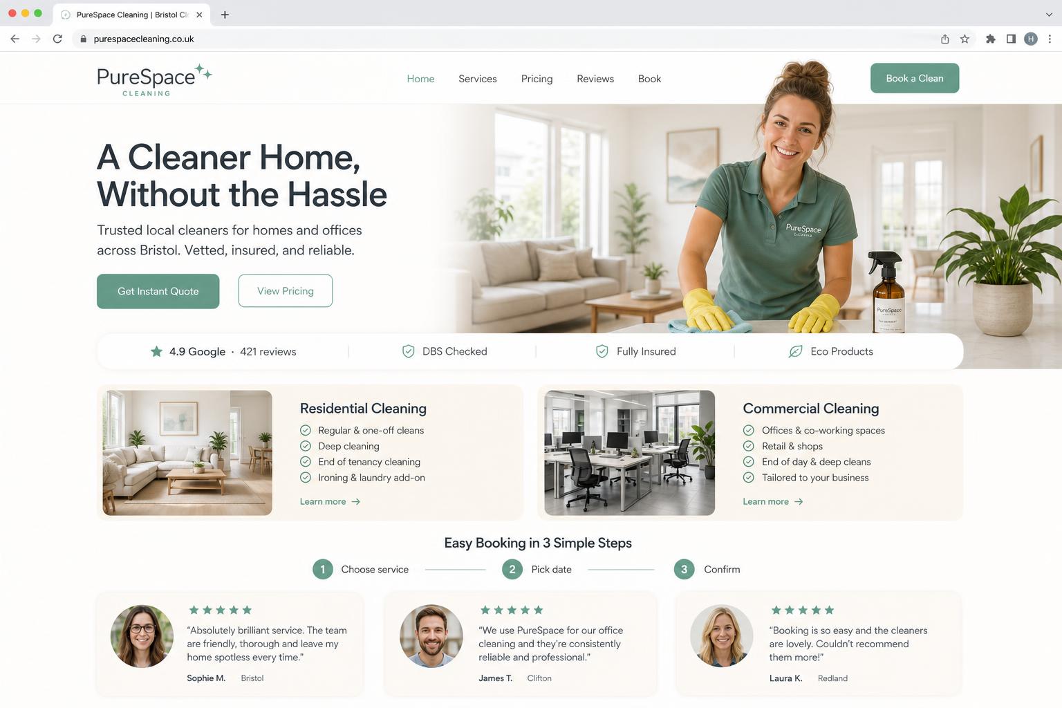 PureSpace Cleaning — Bright, booking-focused website